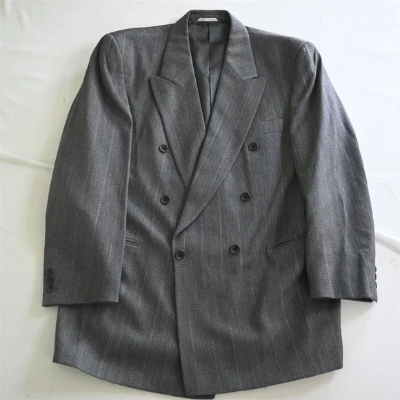 Rene Lezard 44R 36x30 Gray Stripe Double Breasted 100% Wool Mens Suit